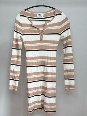 Princess Polly Cream & Beige Striped Ribbed Henley Dress